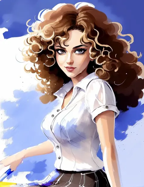((speed painting:1.4)), vector, graphic novel, woman with curly hair wearing a skirt and blouse with detailed seductive alluring...