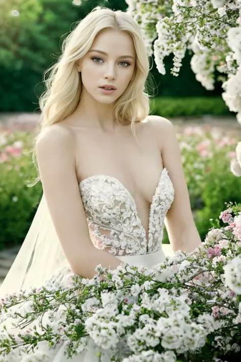 A high-quality fashion beauty portrait of a stunning blonde fashion icon wearing a breathtaking white bridal gown, with a gorgeous, natural and detailed outdoor garden background, surrounded by stunning blooming flowers, with a dreamy, soft, and romantic f...