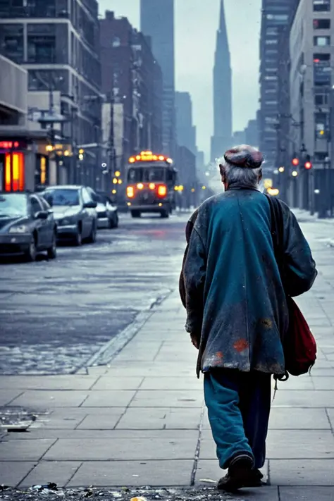 Color high-resolution street photograph of an elderly homeless man with a sad expression walking down a busy street. The man is carrying a worn backpack and is wearing a tattered overcoat. The cityscape in the background adds to the sense of loss and lonel...