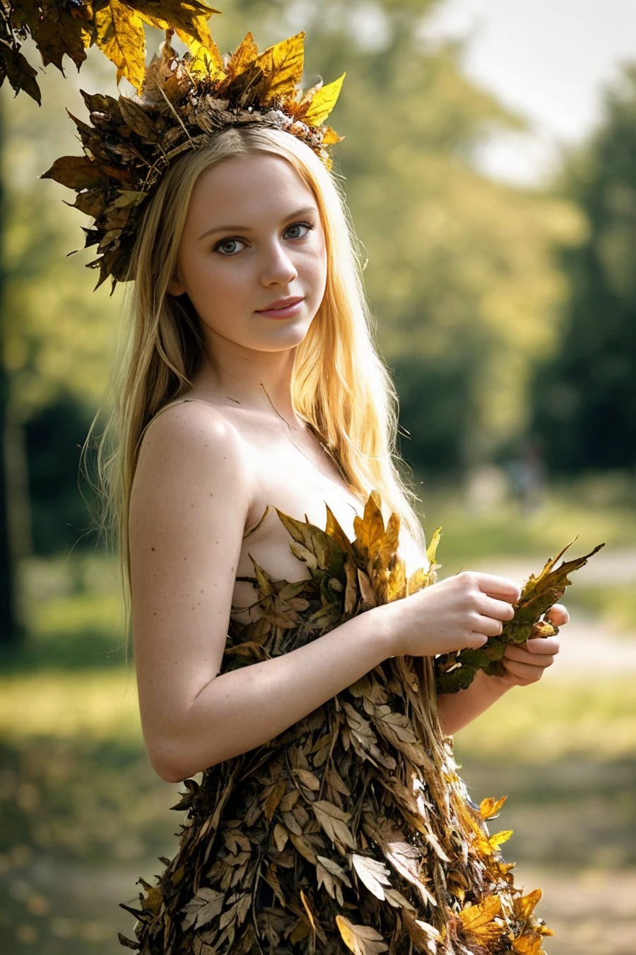 Schnappschuss einer hübschen jungen blonden Aktivistin, die ein Kleid aus Blättern trägt, inmitten einer Save Nature-Kundgebung, Ganzkörperportrait, natürliches Licht, weiter Winkel, harte Beleuchtung, flatternde Blätter, detaillierte und strukturierte Haut, entschlossener Ausdruck auf ihrem Gesicht, Blumen im Haar, fotorealistisch, alles im RAW-Format, aufgenommen mit einem iPhone, ideal für Instagram-Fotografie.