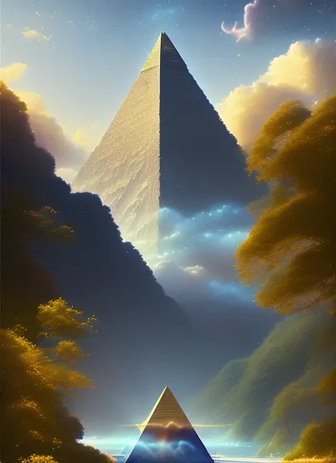 a beautiful lake by makoto shinkai and an intricate mystical pyramid over it by darek zabrocki and roberto aizenberg, beautiful ...