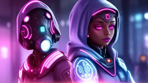 1girl, blurry, blurry_background, cyberpunk, cyborg, dark-skinned_female, dark_skin, depth_of_field, earrings, glowing, hologram, hood, lips, lipstick, long_hair, looking_at_viewer, makeup, neon_lights, solo