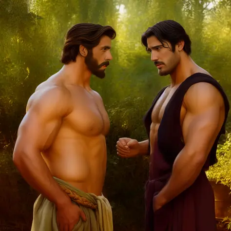 Two attractive muscular shirtless cowboys standing in a garden with a heart above them looking at each other with love.an attractive shirtless homoerotic young Michael with a heavy bulge in his naked overalls. ruggedly handsome french settler. highly detai...