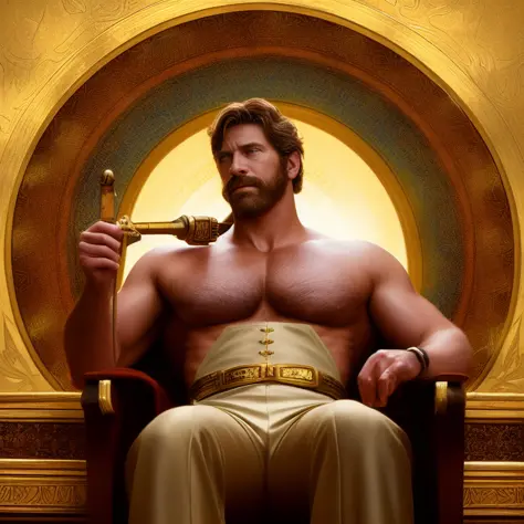 The Emperor is a strong, authoritative man, often shown seated on a throne and holding a scepter or other symbol of authority. The Emperor is associated with leadership, structure, and order.an attractive shirtless homoerotic young Michael with a heavy bul...