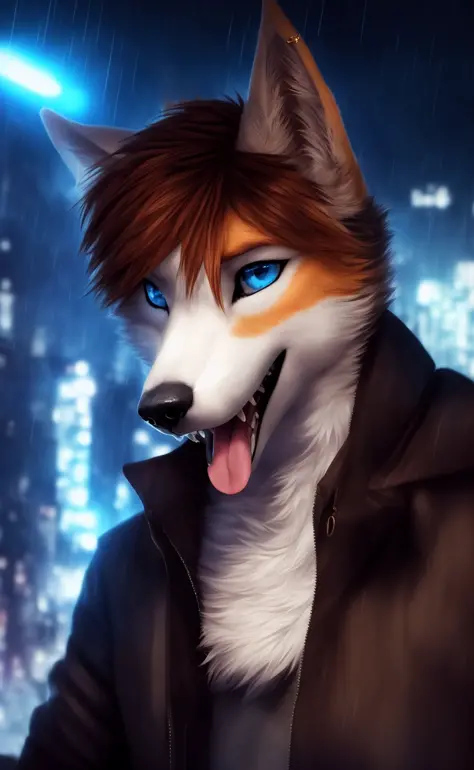 anthro, solo, mammal, piercing, city, hair, male, clothing, ear piercing, canine, canid, fur, blue eyes, detailed background, open mouth, brown hair, topwear, cityscape, raining, canis, tongue, white body, fangs, short hair, hi res, white fur, glistening, science fiction, clothed, sky