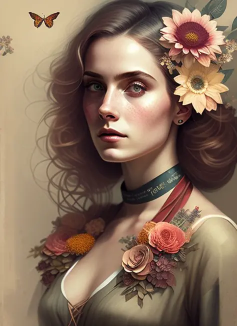 charlie bowater realistic lithography sketch portrait of a woman, flowers, [gears], pipes, dieselpunk, multi-colored ribbons, ol...