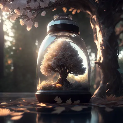 dreamlikeart tree in a bottle, fluffy, realistic, photo, canon, dreamlike, art, colorfull leaves and branches with flowers on to...