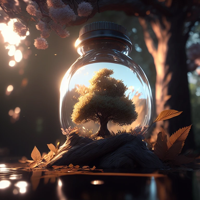 dreamlikeart tree in a bottle, fluffy, realistic, photo, canon, dreamlike, art, colorfull leaves and branches with flowers on top of its head. hyperdetailed photorealism by greg rutkowski - h 1024 w 804 | f 1 6 lens mark 2:2 s 3555 mm film grain :1 lifelike high res sharp focus contrast!! intricate detailed atmospheric light refraction lighting unreal engine 5 cinematic concept photography masterpiece octane render trending at cgsociety rendered as