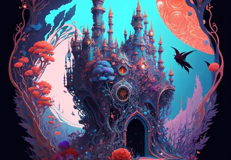 abstract fantasy castle, Beautiful Psychedelic Trippy Neon Intricate Detailed Elaborate, Art Peter Max, Android Jones Fantasy Art, Intricate Detailed Elaborate Colorful Flower Power Art, Fantasy Concept Art, Beautiful, Art Nouveau, Digital Painting, Matte Painting, Hyperrealism, Trending On Artstation, Hyperdetailed Ying yang of nature by Daniel Merriam, beautiful colors, floral, Joe Fenton and Android Jones, James Jean, Dan Mumford, depth of field, volumetric lighting maximalist photo illustration