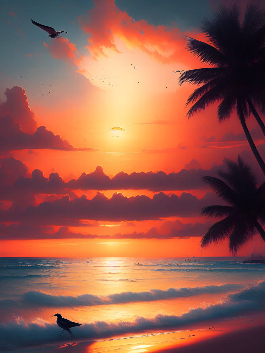 dreamlikeart ein Gemälde von einem wunderschönen paradiesischen Sonnenuntergang am Strand, Sonne in der Mitte, Weit entfernter Vogel fliegt am Horizont, Trend auf Artstation im Stil von Greg Rutkowski