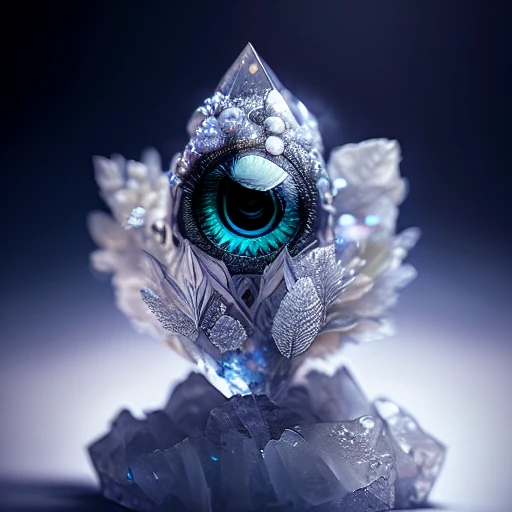 dreamlikeart levitating ice crystal of quartz, diamond,  misty, (((multiple eyes))), chromatic aberration,  insane details, intricate details, hyperdetailed, fluffy, realistic, photo, canon, dreamlike, art, colorfull leaves and branches with flowers on top of its head. hyperdetailed photorealism by greg rutkowski