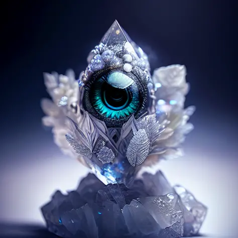 dreamlikeart levitating ice crystal of quartz, diamond,  misty, (((multiple eyes))), chromatic aberration,  insane details, intr...