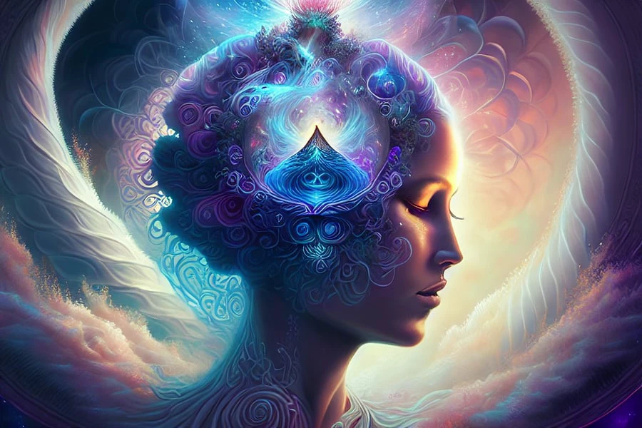 Diving Into The Ether Flowing with The Eternal Soul Through Vibration of love, everything is connected, Flowing energy, Spiritual, divine, dreamlike, cosmic, concept art, mind blowing, feminine beauty, god, pineal gland, dreamlikeart