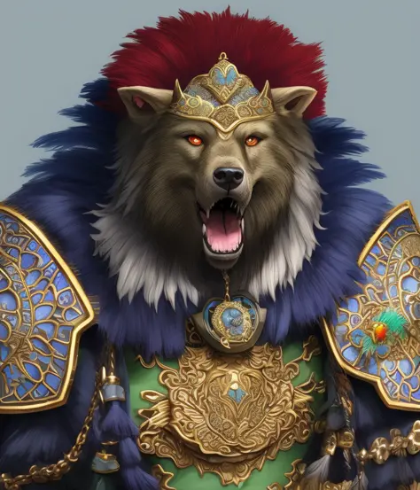 a n illustrated medium shot portrait of an anthropomorphic dire wolf in a colorful elaborate feathered costume with ornate detai...