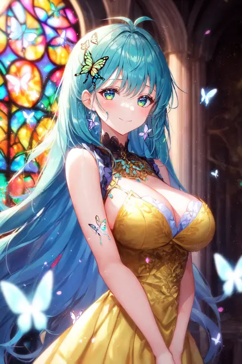 1girl, masterpiece, extremly detailed, (beautiful detailed glow), lens flare, multicolored hair, rainbow hair, long hair, multicolored dress, butterfly hair ornament, butterflies, (light particles), Arms behind back, large breasts, [curvy], cowboy shot, li...
