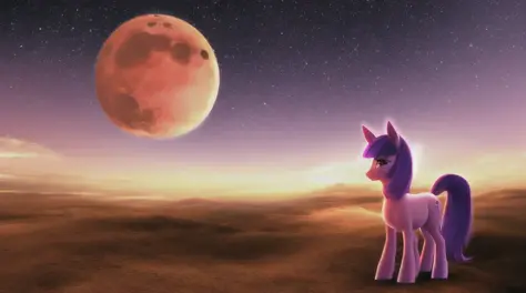 pony, cute, 3d, sunset, mars, big moon, sky, stars, purple girl