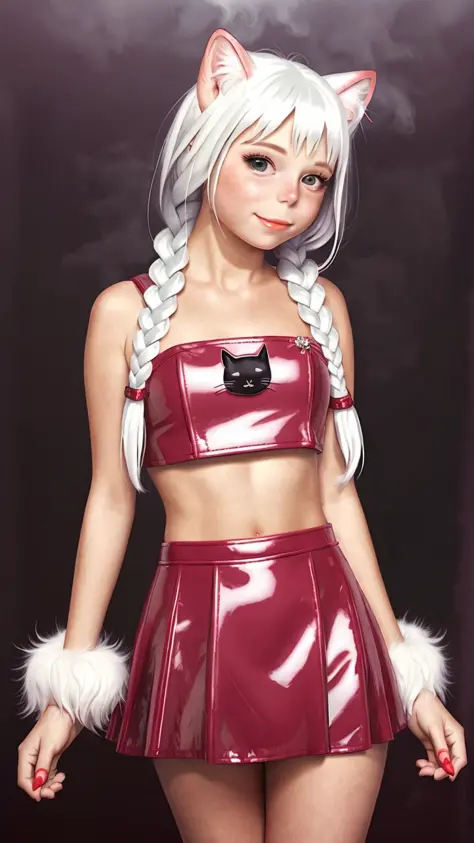 <lora:murata_range-lora:0.8> a happy cat girl, fog and mist, white hair, braided side bangs, erotic pose, super cute glossy shin...