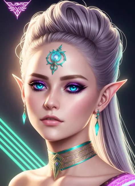 (swpunk style:1) synthwave portrait of a elf woman as a beautiful goddess, light rays, light bands, lightgeo, beautiful intricat...