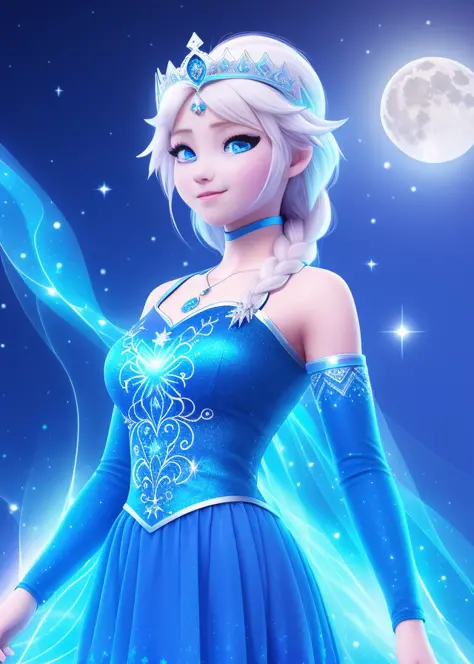 night, ((1 girl)), alone, masterpiece, 8k wallpaper, highres, absurdres, high quality background, short hair, black hair, multicolor hair, beautiful frozen village, (full bright moon), blue dress, detailed dress, jewelry dress, (magic:1.2), blue fire, blue eyes, glowing eyes, fire, ice goddess, (blue detailed beautiful crown), electricity, blue electricity, blue light particles