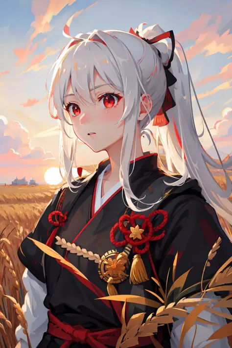 super resolution, super detailed, ultra detailed, masterpiece, best quality, 1girl, portrait, white hair, ponytail, red eyes, sa...