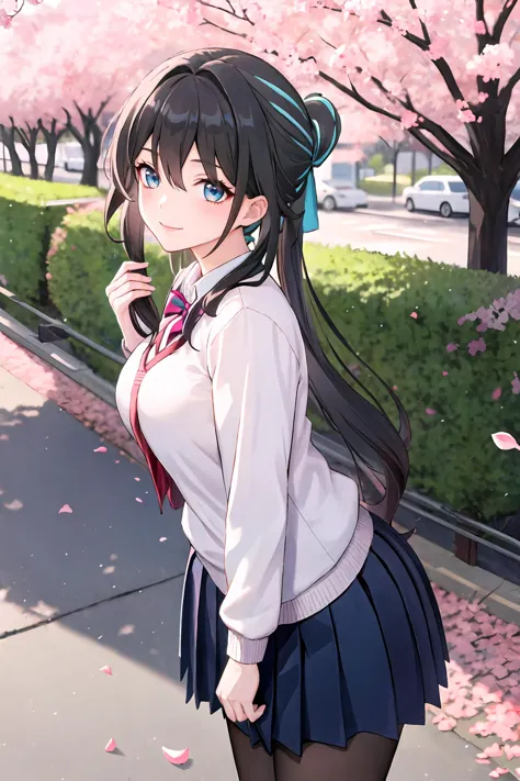 1fille, Ruan Mei \(Honkai: rail en étoile\), seulement, uniforme scolaire, chemise blanche, Pull-over, jupe plissée, collants, léger sourire, regarder le spectateur, En plein air, rue, fleurs de cerisier, pétales, profondeur de champ, chef-d&#39;œuvre