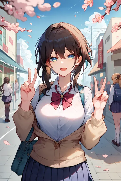 1girl, ruan mei \(honkai: star rail\), solo, school uniform, white shirt, sweater, pleated skirt, pantyhose, light smile, double v, looking at viewer, smile, open mouth, outdoors, street, cherry blossoms, petals, depth of field  <lora:Expressive_H:0.9>, <lora:Char-HonkaiSR-Ruanmei-Pony-V1:0.9>, score_9, score_8_up, score_7_up