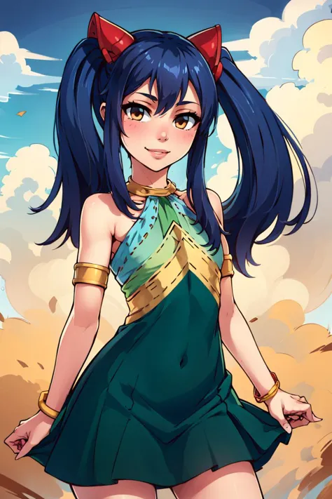 ((masterpiece,best quality)), aawendy, long hair, twintails, hair ornament, bare shoulders, green dress, sleeveless dress, armlet, bracelet, <lora:wendy_marvell_v1:0.7>, cowboy shot, smile,