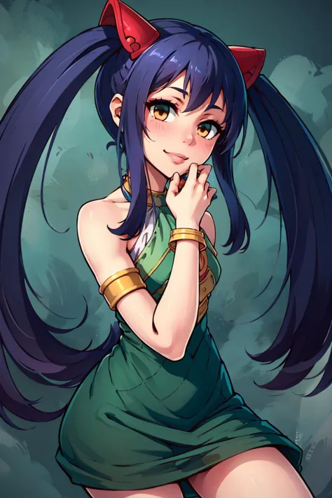 ((masterpiece,best quality)), aawendy, long hair, twintails, hair ornament, bare shoulders, green dress, sleeveless dress, armlet, bracelet, cowboy shot, smile,