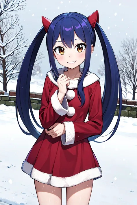 masterpiece, best quality, highres, aawendy, long hair, twintails, hair ornament, <lora:wendy_marvell_v1:0.7>, santa dress, snow...