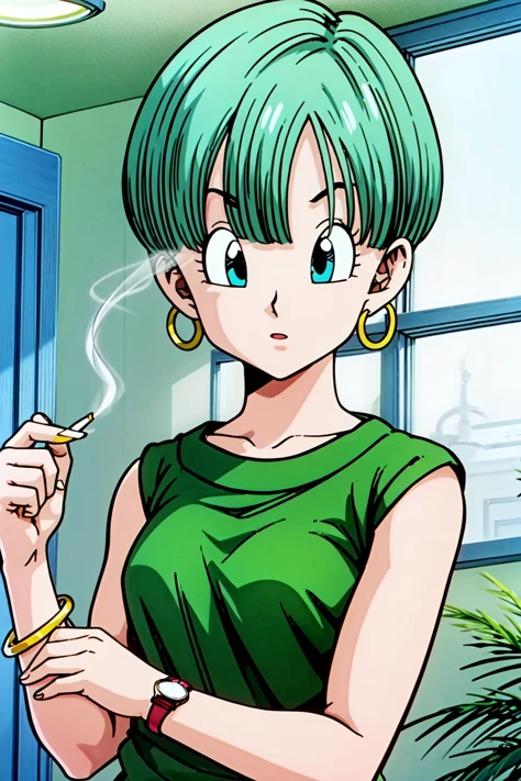 buu saga, bulma, 1 chica, solo, mirando al espectador, Corte tazón, pelo muy corto, blue eyes, tenencia, joyas, parte superior del cuerpo, pendientes, pelo verde, sin mangas, adentro, pulsera,  fumar, mirar, cigarrillo, hoop pendientes, vestido verde, de fumar, wristmirar, lighting cigarrillo, 
