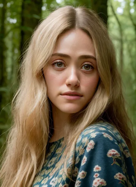 a close up of a woman with long blonde hair in a forest