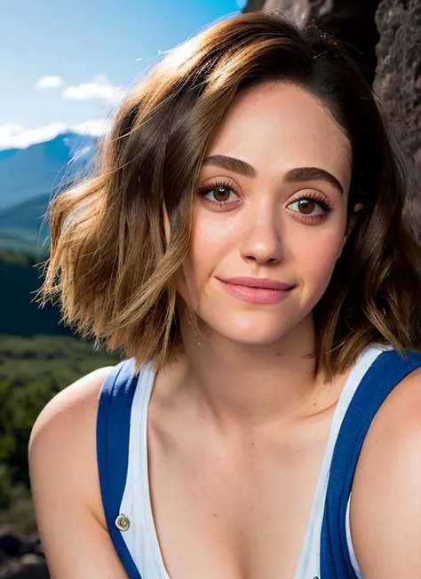 portrait of Emmy Rossum, happy , wearing jumpsuit , with ash blonde Lob (long bob) , background mountain epic (photo, studio lighting, hard light, sony a7, 50 mm, matte skin, pores, colors, hyperdetailed, hyperrealistic),  <lyco:Emmy RossumV2:1.2>