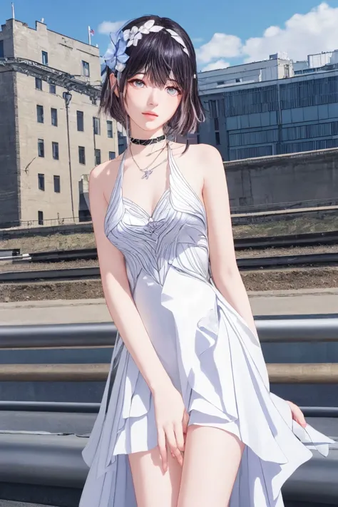 a close up of a woman in a dress standing on a rail