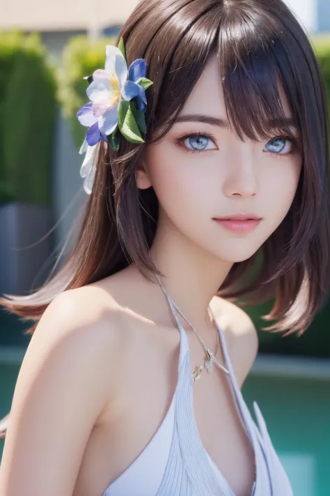 (((pale and lustrous skin, realistic, photo-realistic, photorealistic))):1.4, best quality, masterpiece, portrait, a photography of a beautiful girl, detailed face, sweet smile, (blush:1.2), (extremely detailed CG unity 8k wallpaper,masterpiece, best quality, ultra-detailed, beautiful detailed eyes:1.2), five fingersxier, 1girl, solo, hair ornament, seele vollerei, sleeveless dress, white dress, outdoors, bare shoulders, bangs, sleeveless, purple hair, blue eyes,  pov, (((depth of field))), 
<lora:xier_20230623165843-000010:0.7:MIDDS> vivid,detailed, realistic, beautiful, stunning lighting, stunning reflections, sun rise, bokeh mood,