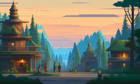 pixelart stylized environment forest city russian large city sunset at night , with people walking around, fine details, award w...