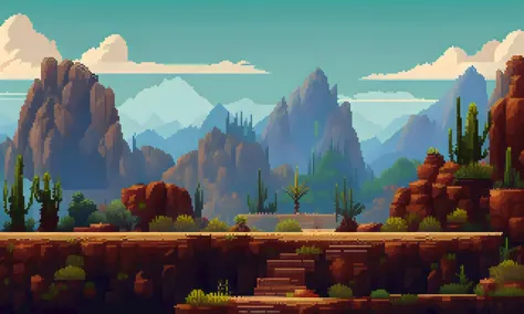 Pixelart صورة واقعية منمقة صورة لمناظر طبيعية صحراوية خلابة مع نبات الصبار, بوت صخري, وسلسلة جبال بعيدة., فن مفهوم لعبة الفيديو 