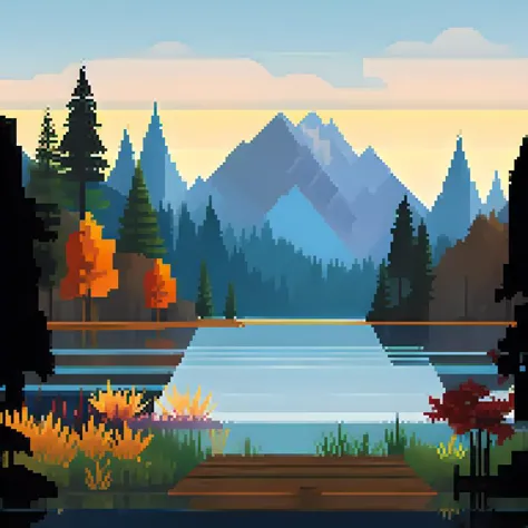 Pixelart صورة واقعية منمقة صورة لبحيرة هادئة مع رصيف خشبي, سلسلة جبال بعيدة, والأزهار البرية المتفتحة. 
