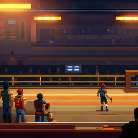 pixelart photorealistic stylized A packed sports arena during a championship game. Our protagonist is a player on the underdog t...