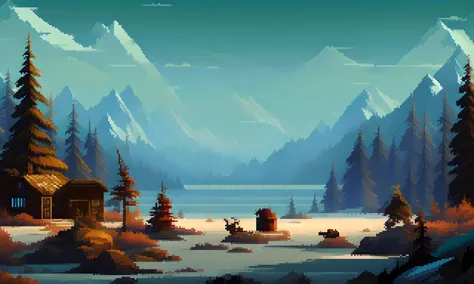 pixelart A frozen wasteland, where the snow and ice stretch as far as the eye can see. The landscape is dotted with abandoned re...