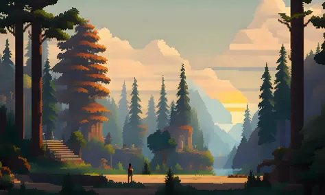 pixelart 2D stylized environment small city greek forest with trees sunny at sunset , with people walking around, fine details, ...