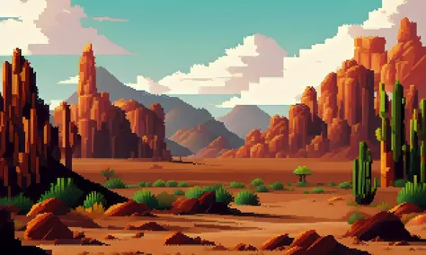 pixelart photorealistic stylized A photo of a desert landscape with red sand dunes, a cactus, and a distant mesa., video game co...
