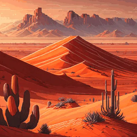 Pixelart صورة واقعية منمقة صورة لمناظر طبيعية صحراوية مع الكثبان الرملية الحمراء, صبار, وميسا بعيدة., فن مفهوم لعبة الفيديو 