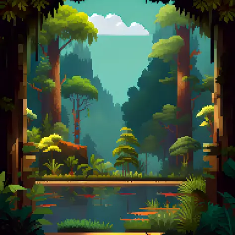 pixelart photorealistic stylized a lush and vibrant rainforest filled with exotic flora and fauna. our protagonist is a scientis...