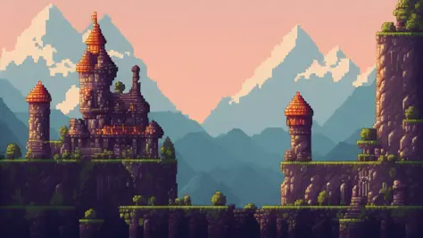 pixelart stylized photorealistic a photo of a magnificent castle with tall stone walls, fortresses, and distant mountains, with ...