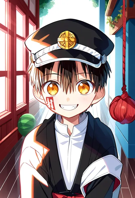 anime boy in uniform with a hat and a red apple