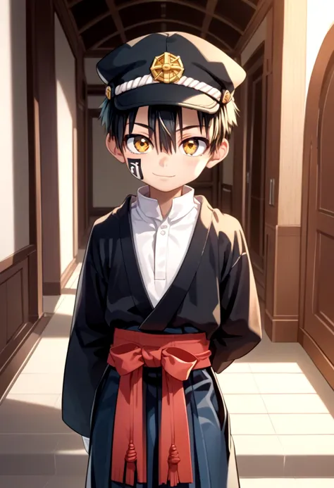 anime boy in uniform standing in hallway with red sash