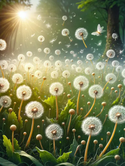 a close up of a field of dandelions with the sun shining