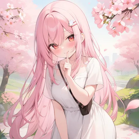 anime girl with pink hair and white dress standing in front of a tree