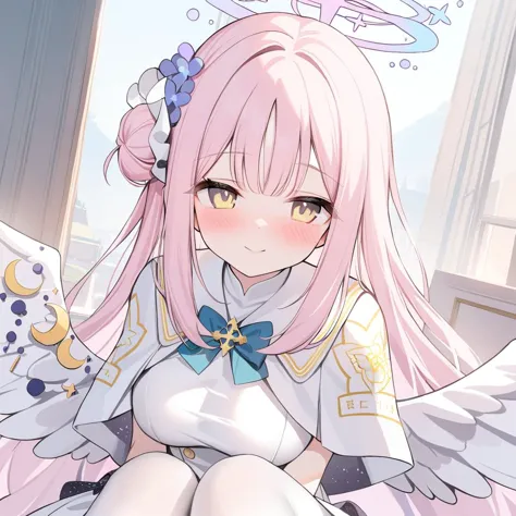 anime girl with pink hair and angel wings sitting on a bed