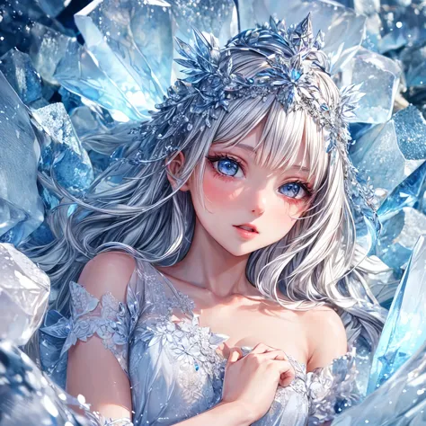 anime girl with blue eyes and a tiable surrounded by ice crystals